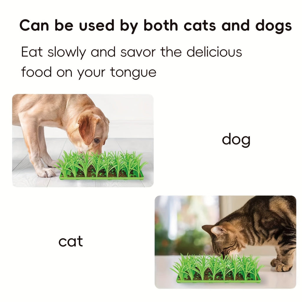 Two images showing a dog and a cat using a grass tray with text indicating it can be used by both pets.