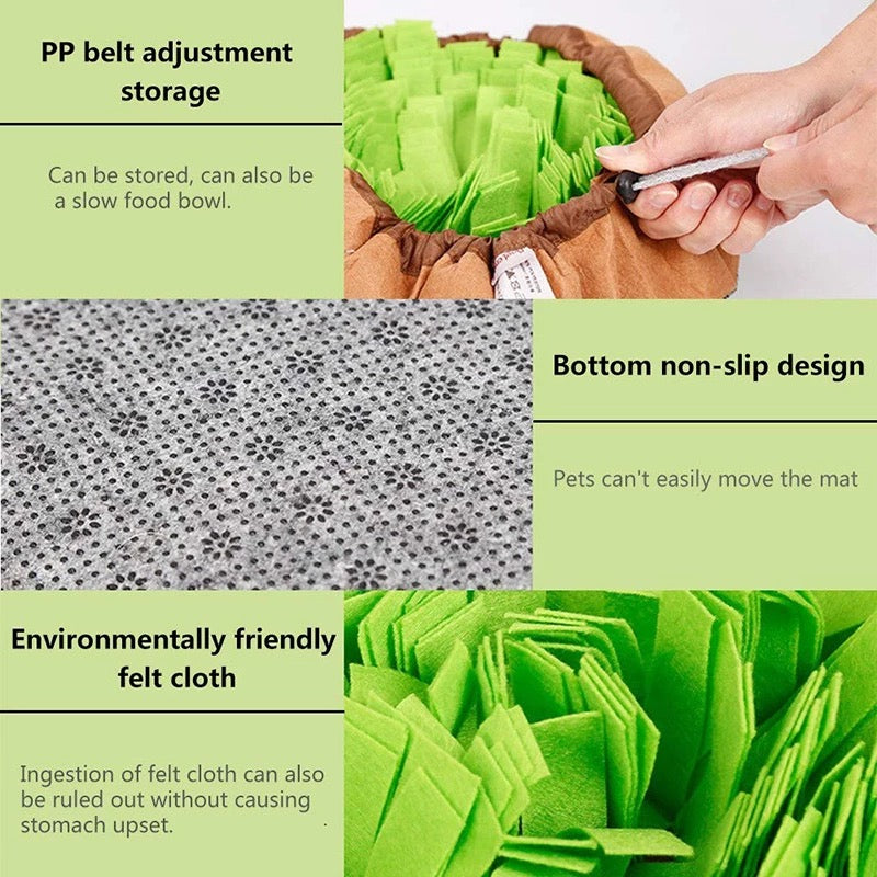 Green felt mat with text describing features like PP belt adjustment, storage, non-slip design, and environmentally friendly material.