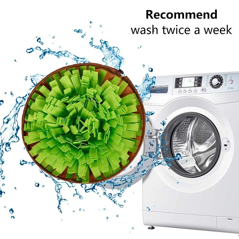 Green pet toy with washing machine and water splashes, indicating cleaning recommendation.