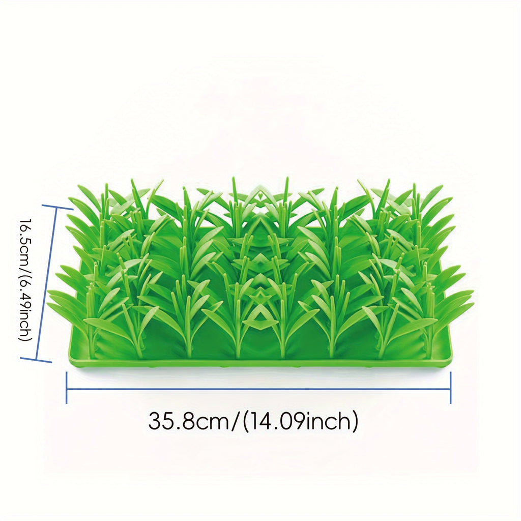 Green artificial grass mat with dimensions on a white background