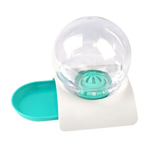 Pet water bowl with a transparent plastic cup and turquoise base on a white background