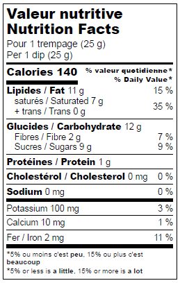 Nutrition facts label for a product with detailed calorie and nutrient information.