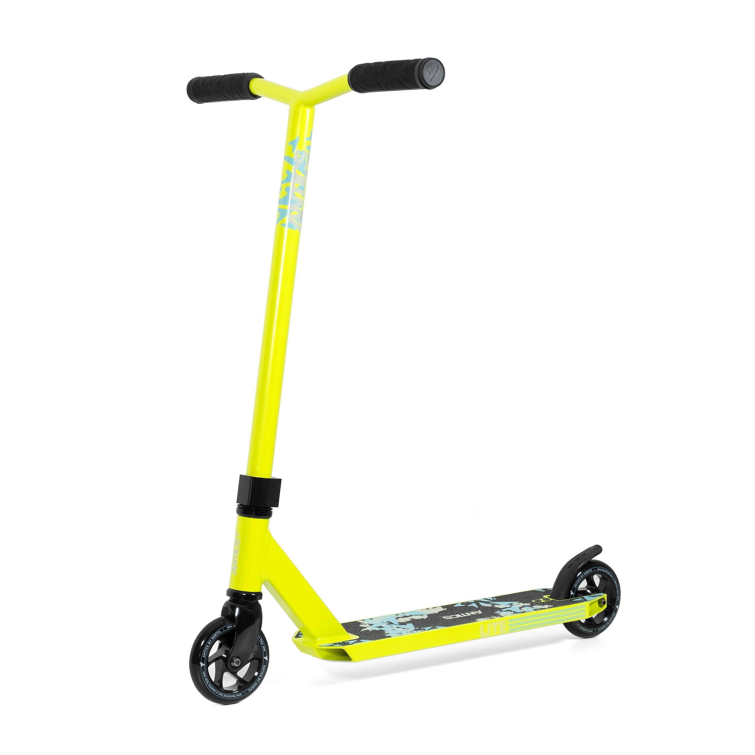 Yellow scooter with black wheels on a white background