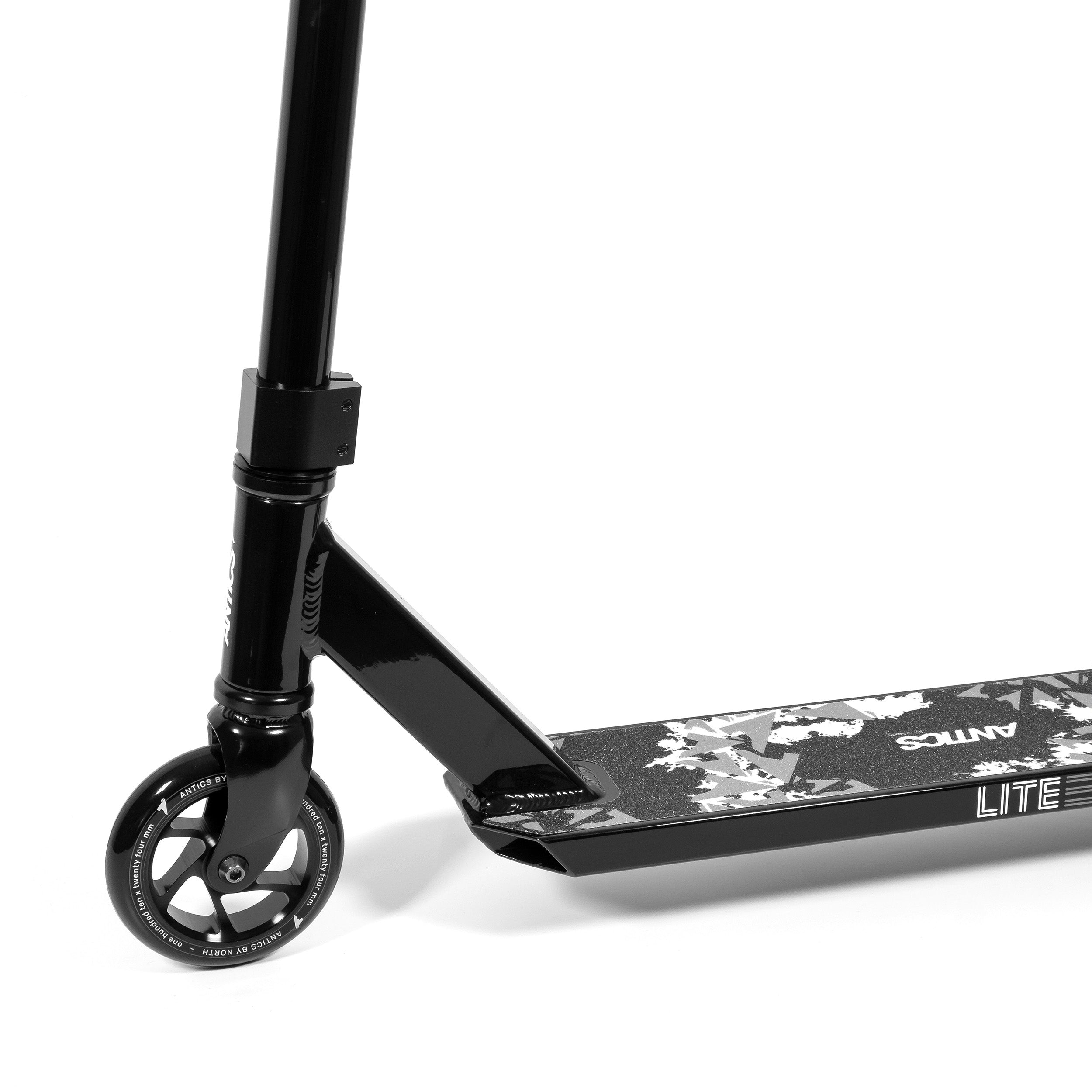 Black scooter with floral design on a white background