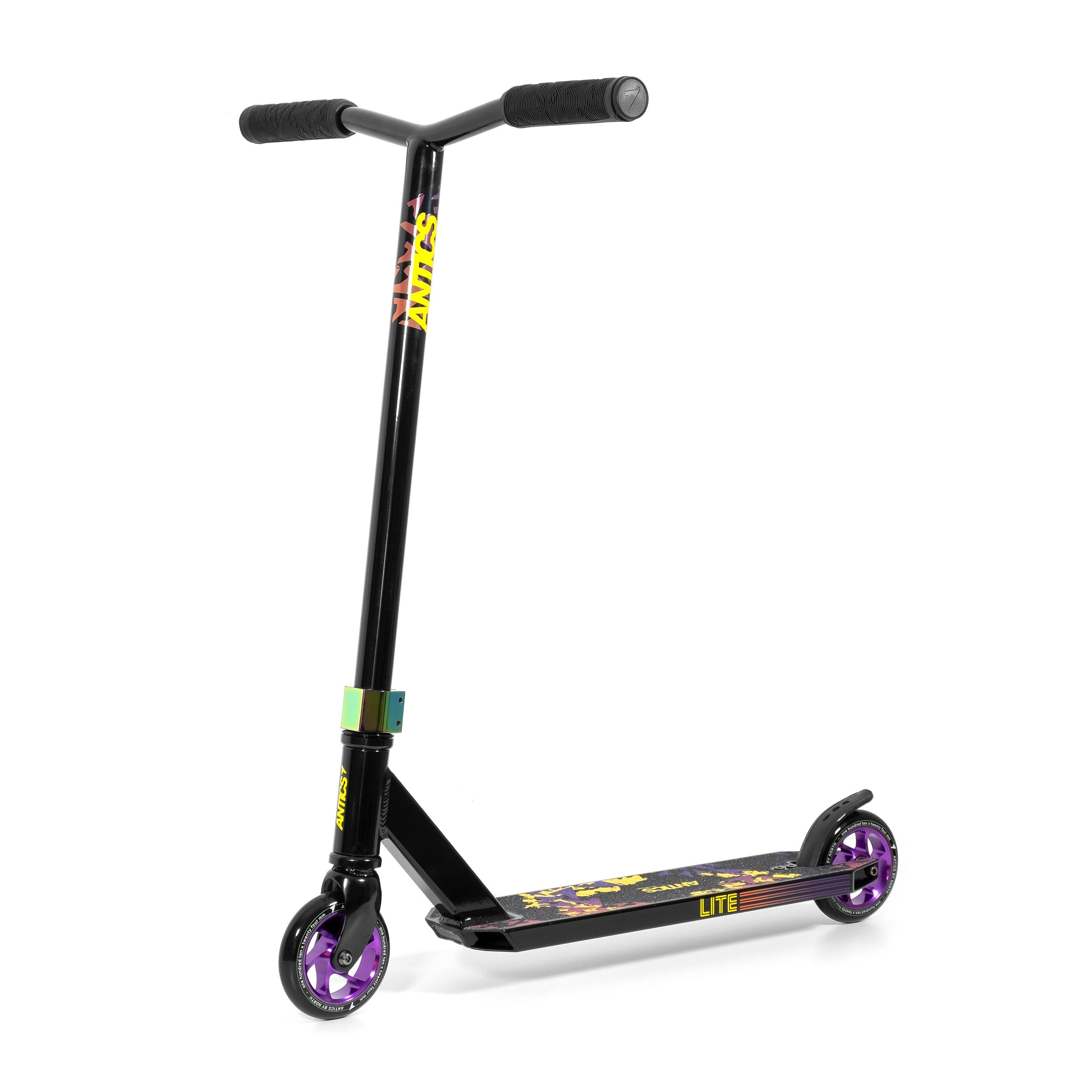 Black scooter with purple wheels on a white background