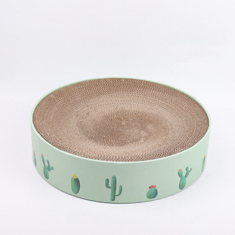 Round cat scratcher with cactus design on a light green base