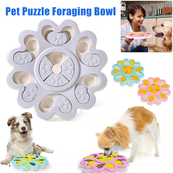 Pet puzzle foraging bowl with dogs interacting with it, and a child feeding a dog.