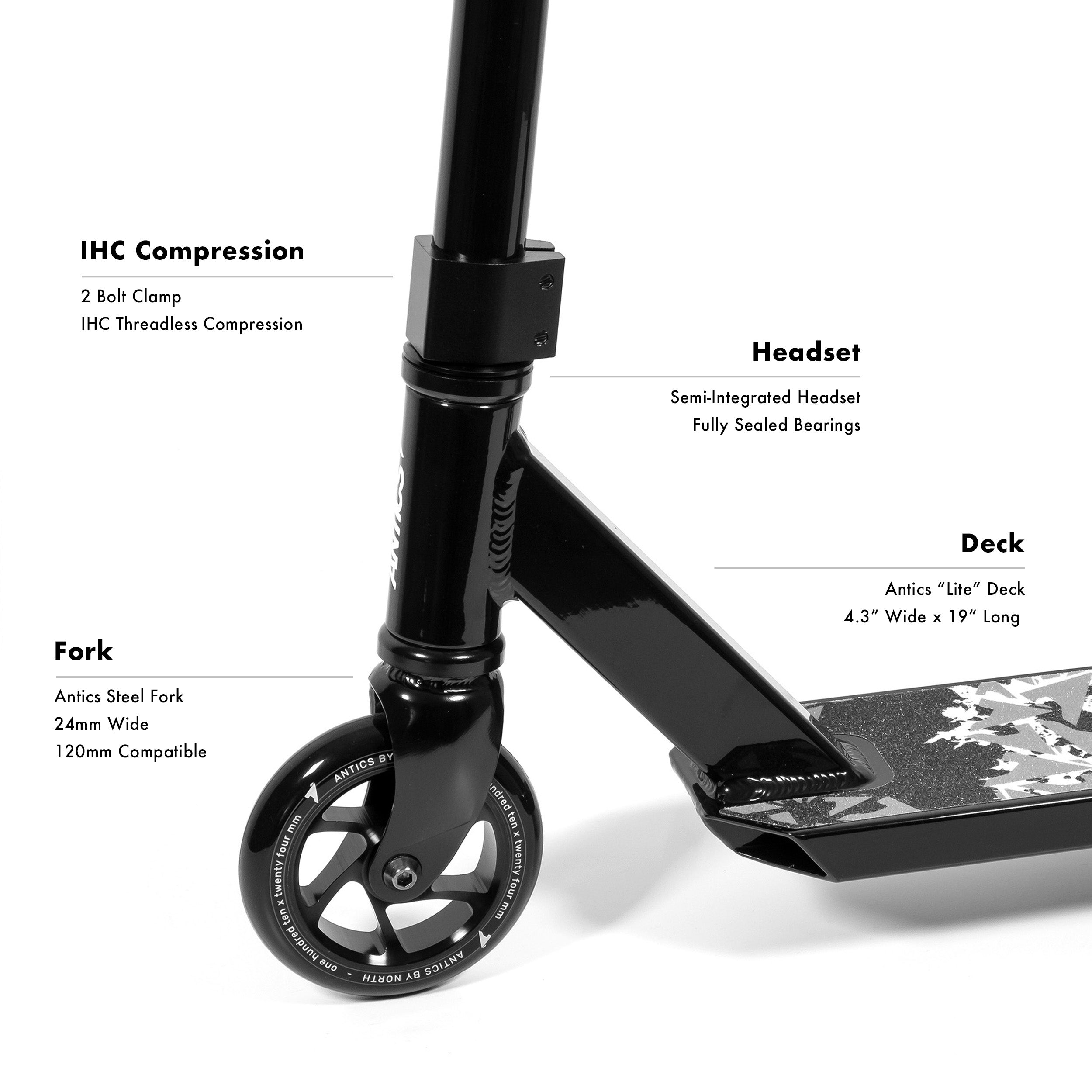 Black scooter with labeled parts on a white background