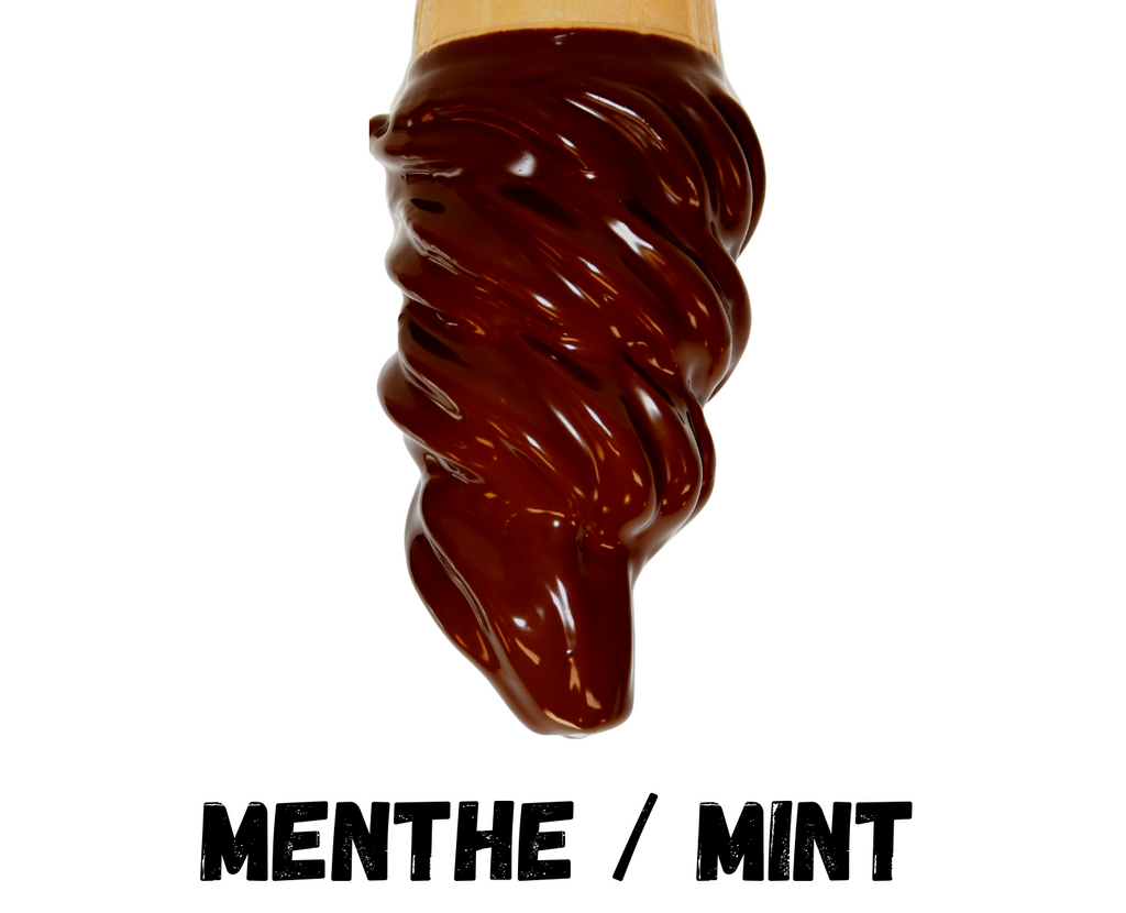 Mint chocolate ice cream swirled on a stick with 'MENTHE / MINT' text below.