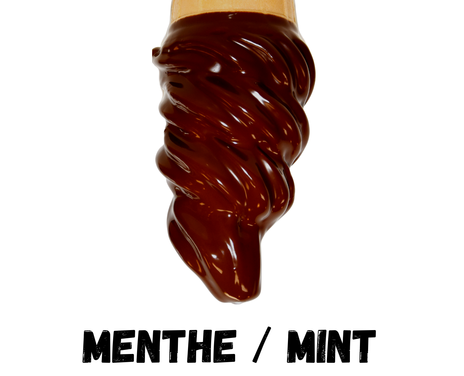 Mint chocolate ice cream swirled on a stick with 'MENTHE / MINT' text below.