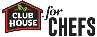Logo for Club House for Chefs with a red house-like shape and green leaves.