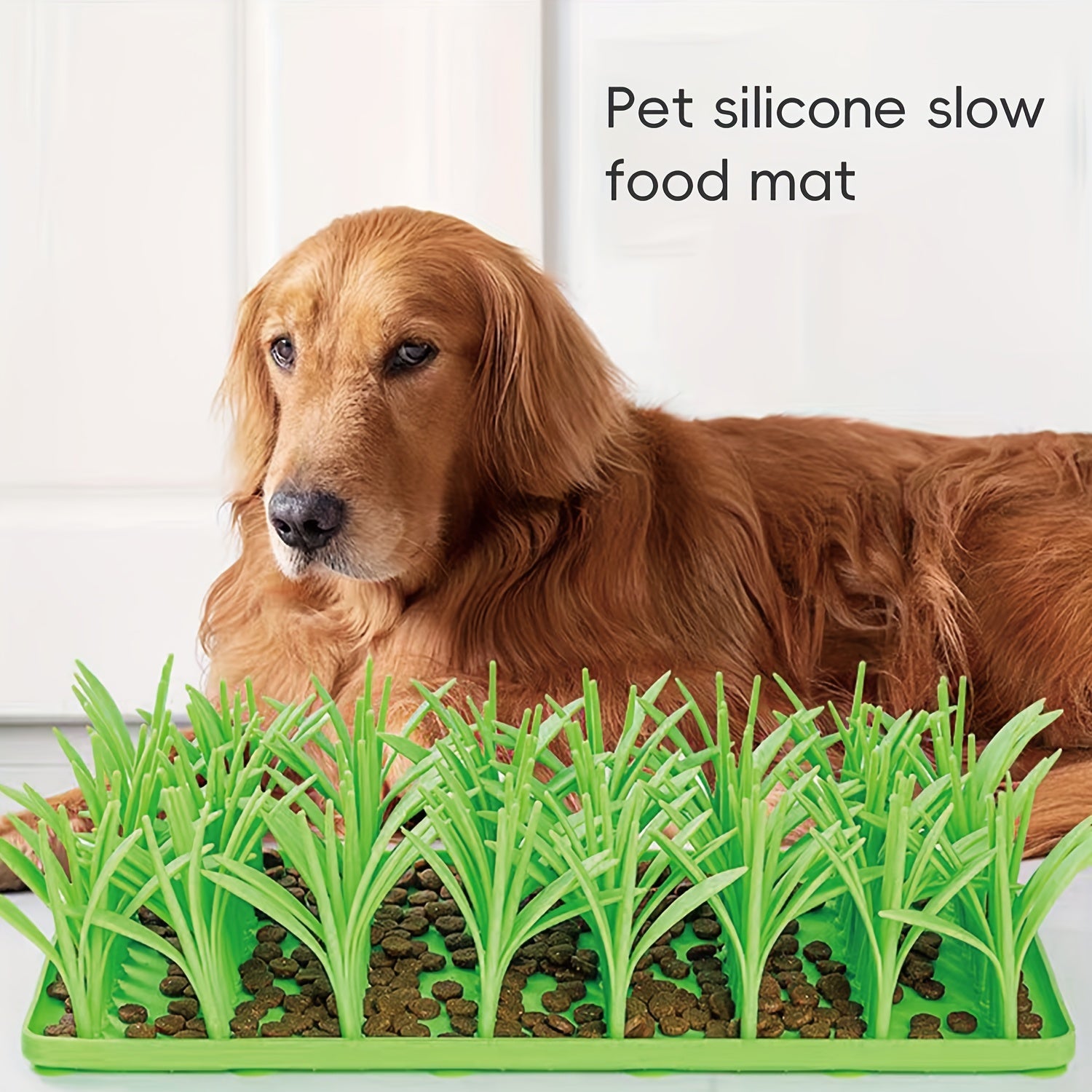 Dog with a green silicone slow food mat containing pet food.