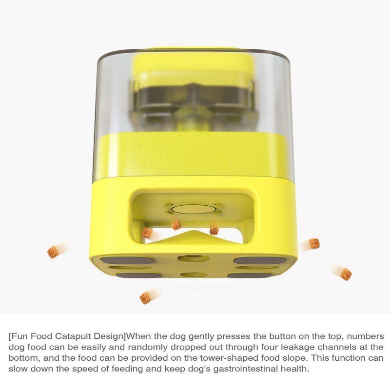 Yellow dog toy with food dispensing mechanism on a white background