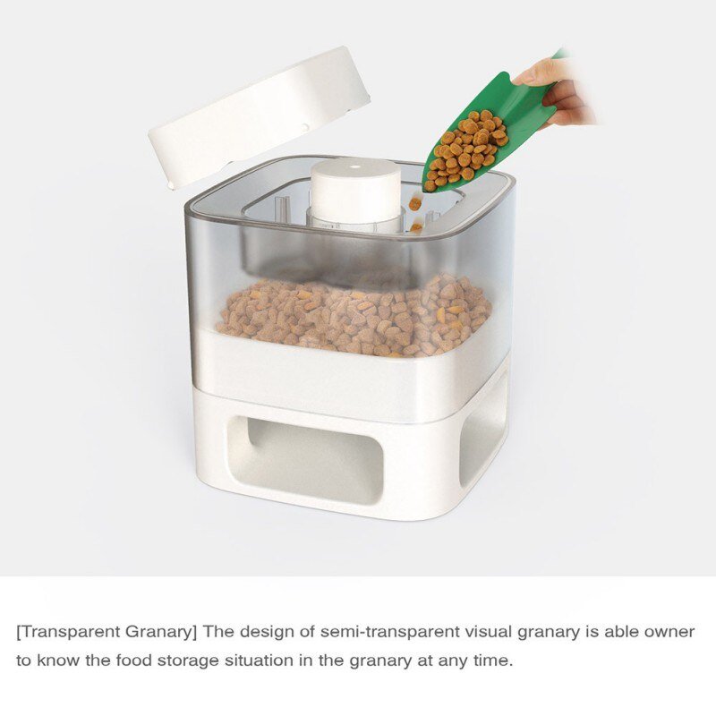 Pet food storage container with transparent top showing food inside, on a white background.